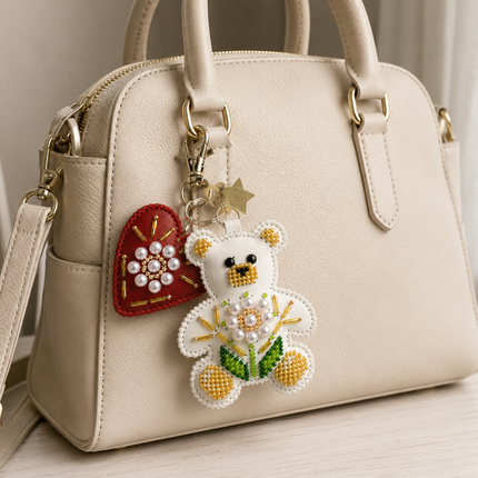 Bead Embroidery Charm Kit on Faux Leather – «Bag Charm White Teddy Bear»