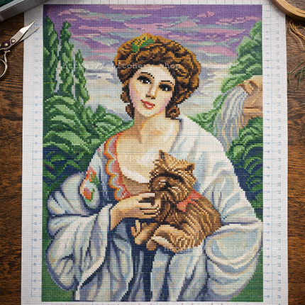 DIY Cross Stitch Kit with Printed canvas "Lady with a dog, F. Marten-Kavel"