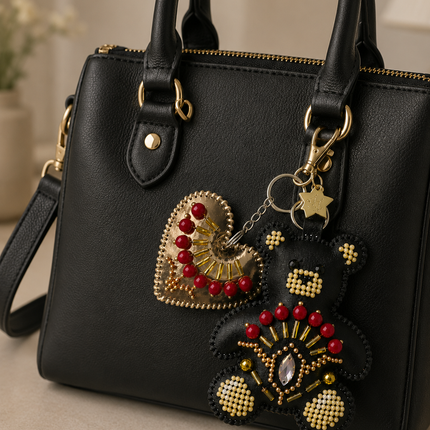 Bead Embroidery Charm Kit on Faux Leather – «Bag Charm Black Teddy Bear»