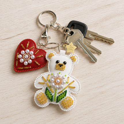 Bead Embroidery Charm Kit on Faux Leather – «Bag Charm White Teddy Bear»
