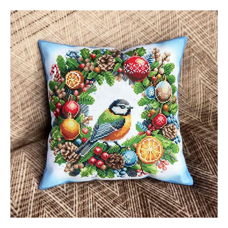 DIY Bead embroidery cushion cover kit "Christmas wreath with a bird"