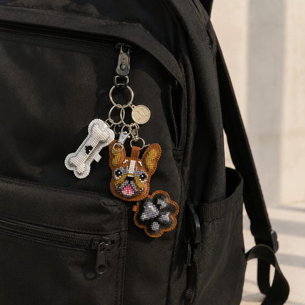 Bead Embroidery Charm Kit on Faux Leather – «Bag Charm Brown Bulldog»