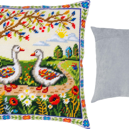 Needlepoint Pillow Kit "Geese Among the Flowers"