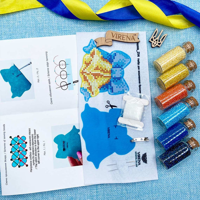 Beadwork kit for creating broоch "Bells with Blue Ribbon"