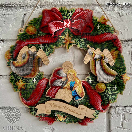 DIY Beaded Door Wreath Kit "Merry Christmas" Embroidery on wood, Home decoration