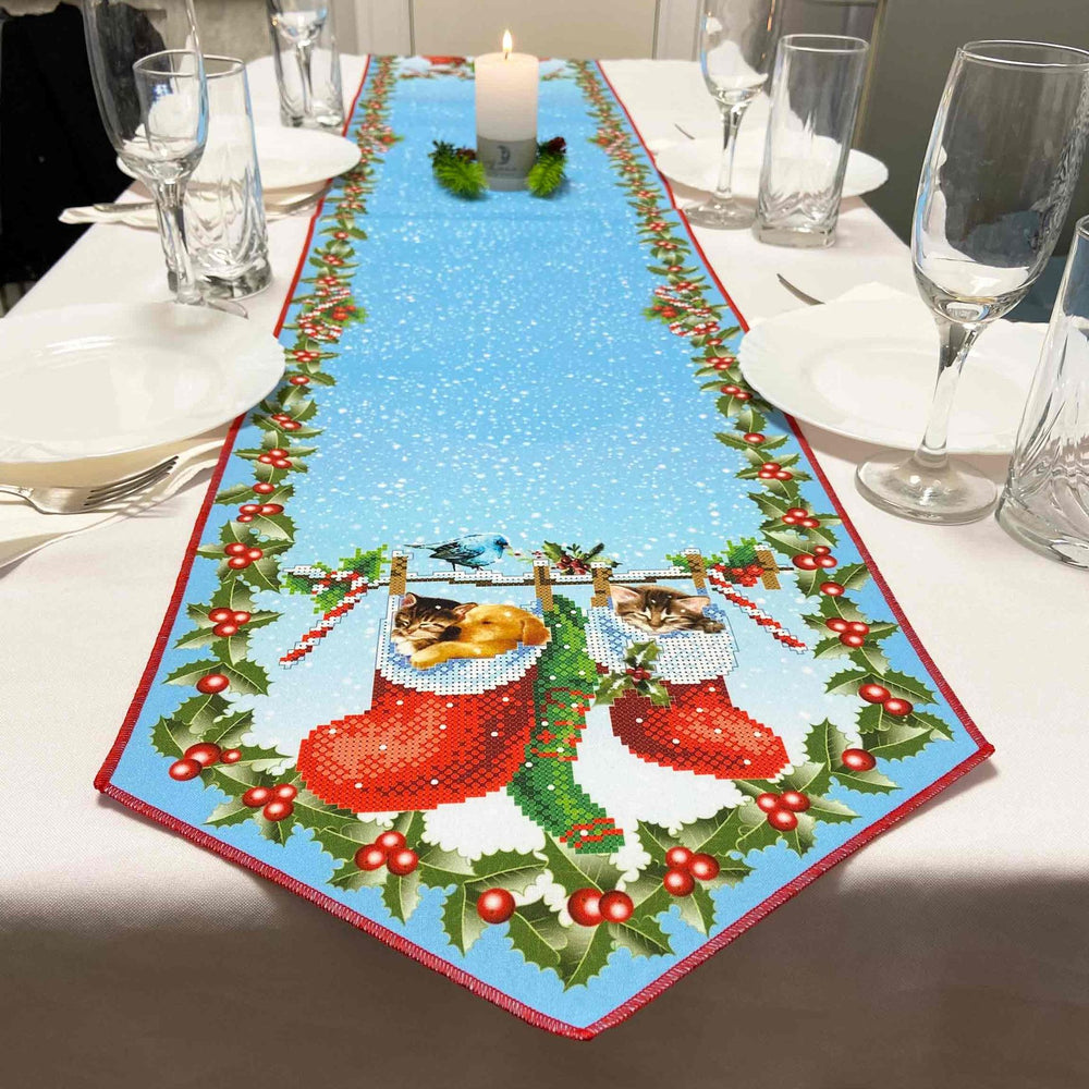 DIY Table Runner kit "Cats in Stockings", Bead Embroidery Kit, Handmade table runner