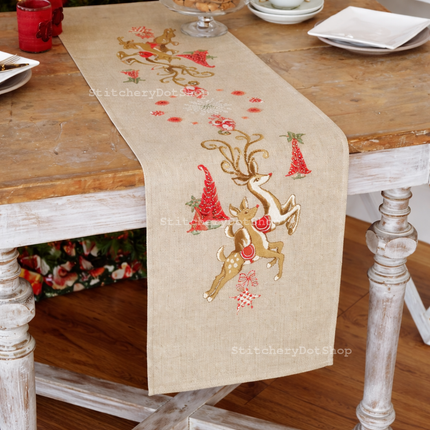 DIY Aida Table Runner kit "Jumping Reindeers"