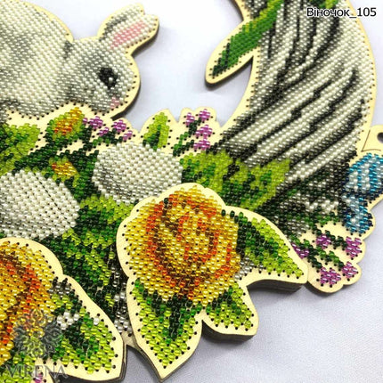 DIY Beaded Door Wreath Kit "Easter bunny" Embroidery on wood, Home decoration