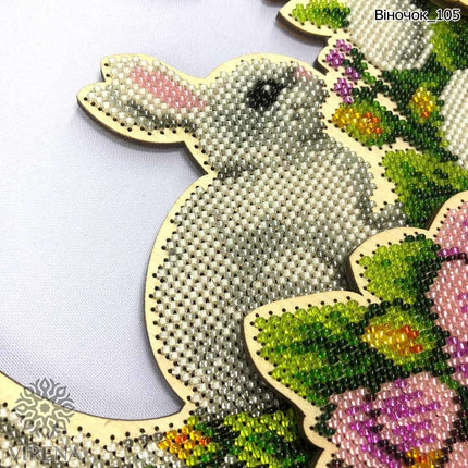 DIY Beaded Door Wreath Kit "Easter bunny" Embroidery on wood, Home decoration
