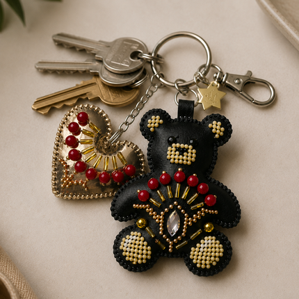 Bead Embroidery Charm Kit on Faux Leather – «Bag Charm Black Teddy Bear»