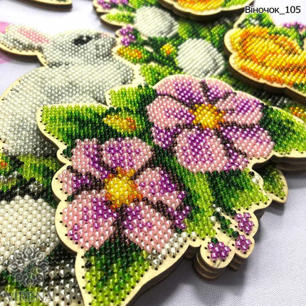 DIY Beaded Door Wreath Kit "Easter bunny" Embroidery on wood, Home decoration