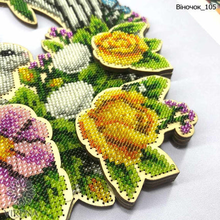 DIY Beaded Door Wreath Kit "Easter bunny" Embroidery on wood, Home decoration