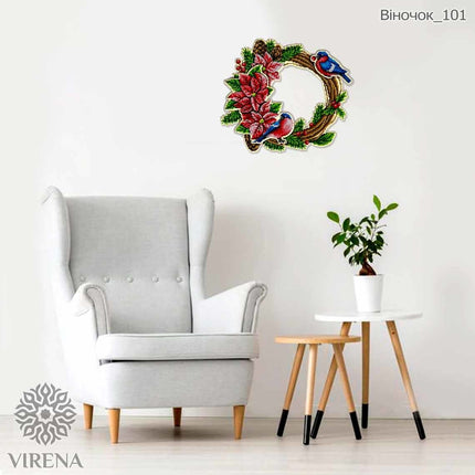 DIY Beaded Door Wreath Kit "Bullfinches and flowers" Embroidery on wood, Home decoration