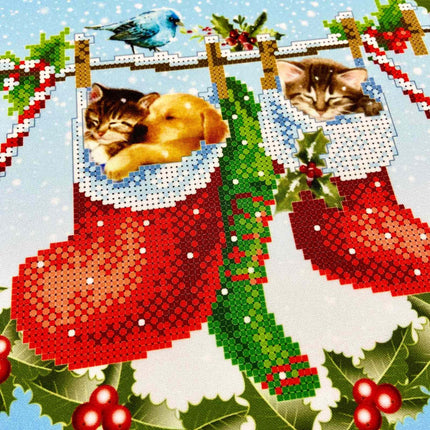 DIY Table Runner kit "Cats in Stockings", Bead Embroidery Kit, Handmade table runner