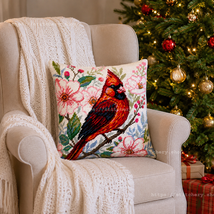Needlepoint Pillow Kit "Cardinal Among Flowers"