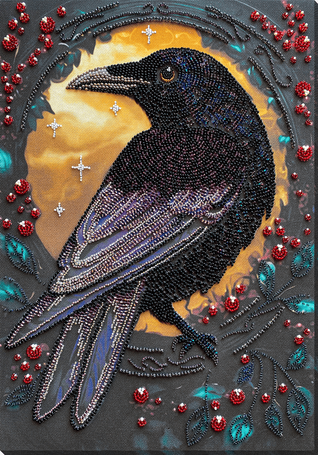 DIY Bead Embroidery Kit "Black raven" 9.8"x13.8" / 25.0x35.0 cm