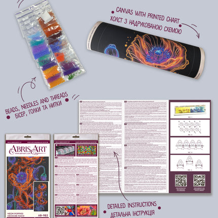 DIY Bead Embroidery Kit "Neon Poppies" 10.2"x20.9" / 26.0x53.0 cm