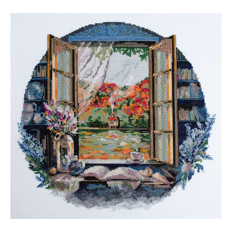 DIY Cross Stitch Kit "Tea party by the window" 9.1x9.1 in