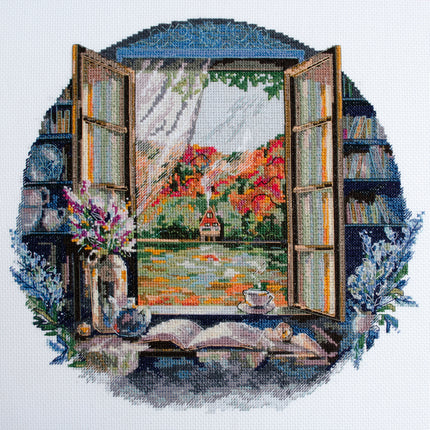 DIY Cross Stitch Kit "Tea party by the window" 9.1x9.1 in