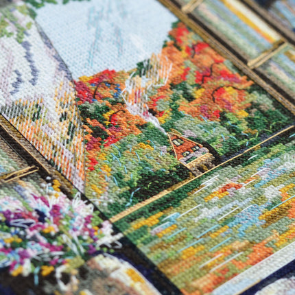 DIY Cross Stitch Kit "Tea party by the window" 9.1x9.1 in