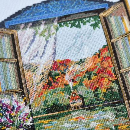 DIY Cross Stitch Kit "Tea party by the window" 9.1x9.1 in