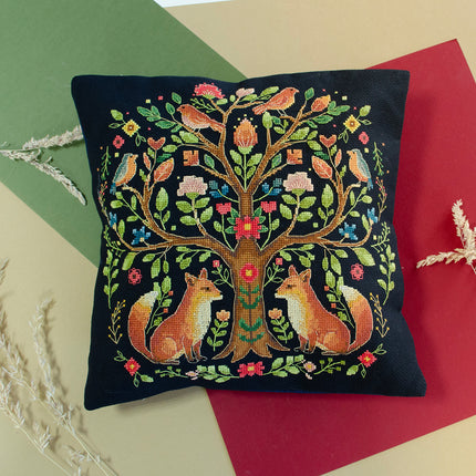 DIY Cross Stitch Pillow Kit " Tree of Forest Tales"