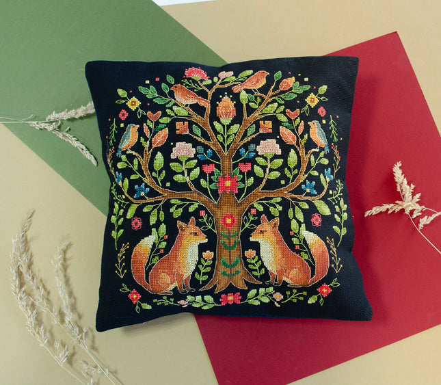 DIY Cross Stitch Pillow Kit " Tree of Forest Tales"