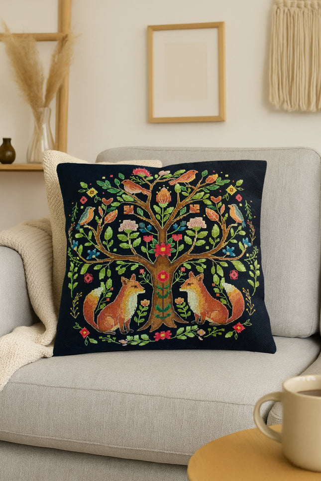 DIY Cross Stitch Pillow Kit " Tree of Forest Tales"