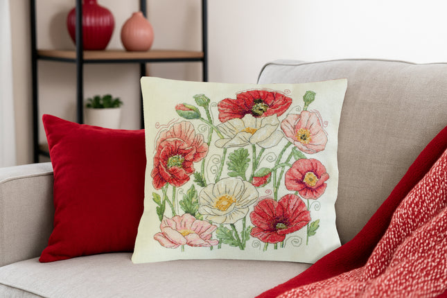 DIY Cross Stitch Pillow Kit "When Poppies Bloom"