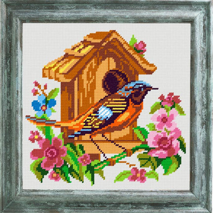 DIY Cross Stitch Kit "Finch near the birdhouse" with Printed Tapestry Canvas