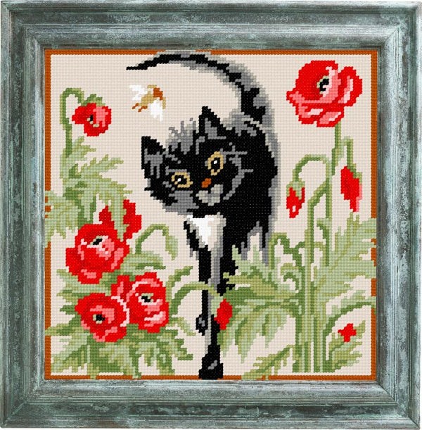 DIY Cross Stitch Kit "Cat in Poppies" with Printed Tapestry Canvas