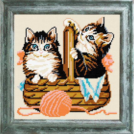 DIY Cross Stitch Kit "Kittens in a Basket" with Printed Tapestry Canvas
