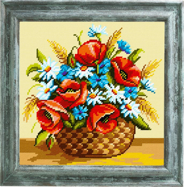 DIY Cross Stitch Kit "A basket with wild flowers" with Printed Tapestry Canvas