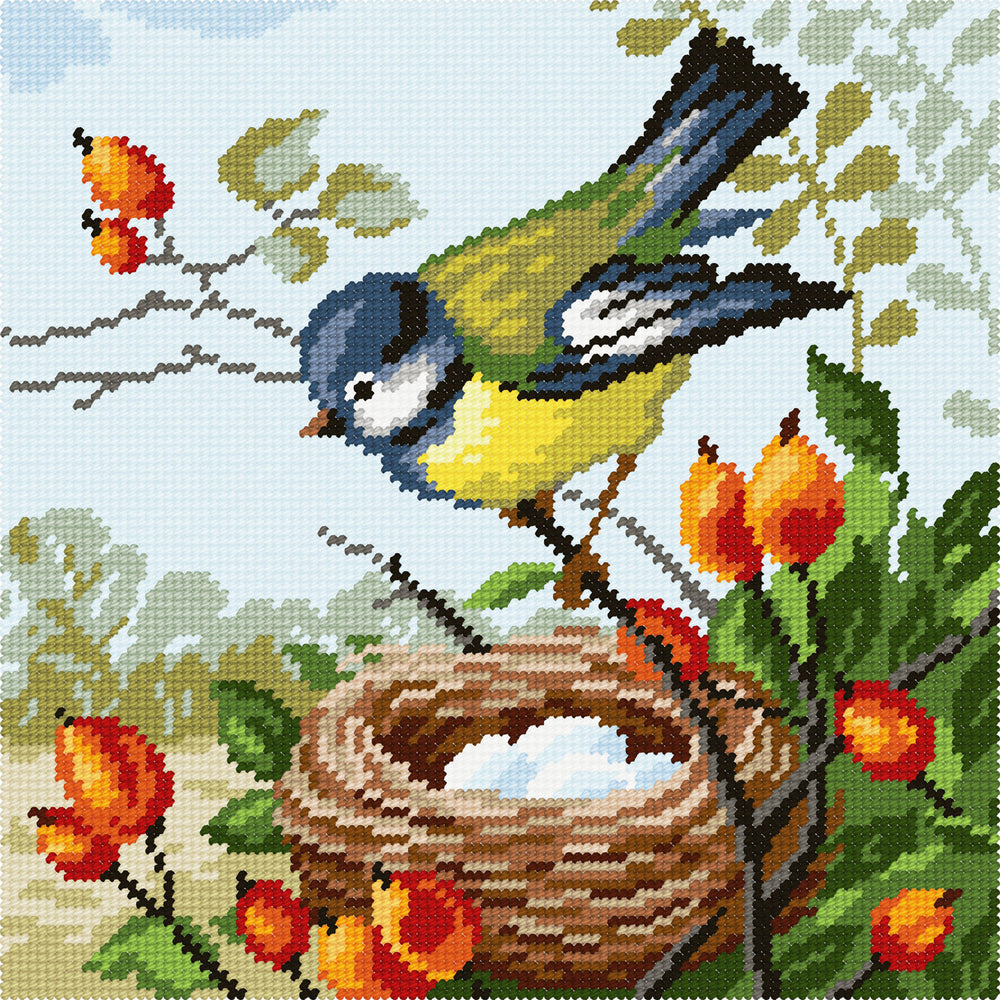 DIY Cross Stitch Kit "Titmouse near the nest" with Printed Tapestry Canvas