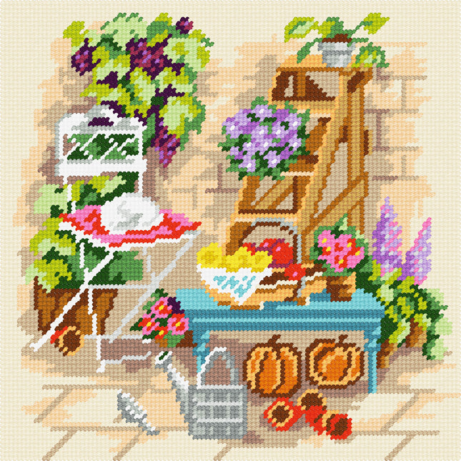 DIY Cross Stitch Kit "Backyard watering can" with Printed Tapestry Canvas