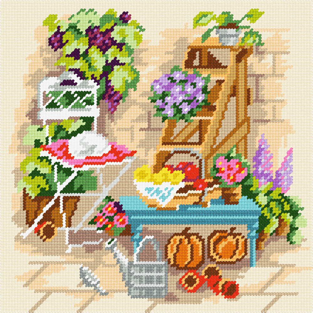 DIY Cross Stitch Kit "Backyard watering can" with Printed Tapestry Canvas