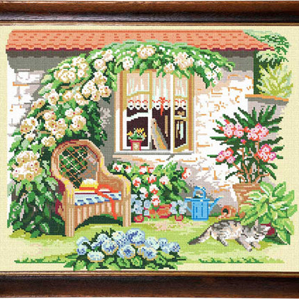 DIY Cross Stitch Kit "Yard with a cat" with Printed Tapestry Canvas, 15.7"x19.7" / 40х50 cm