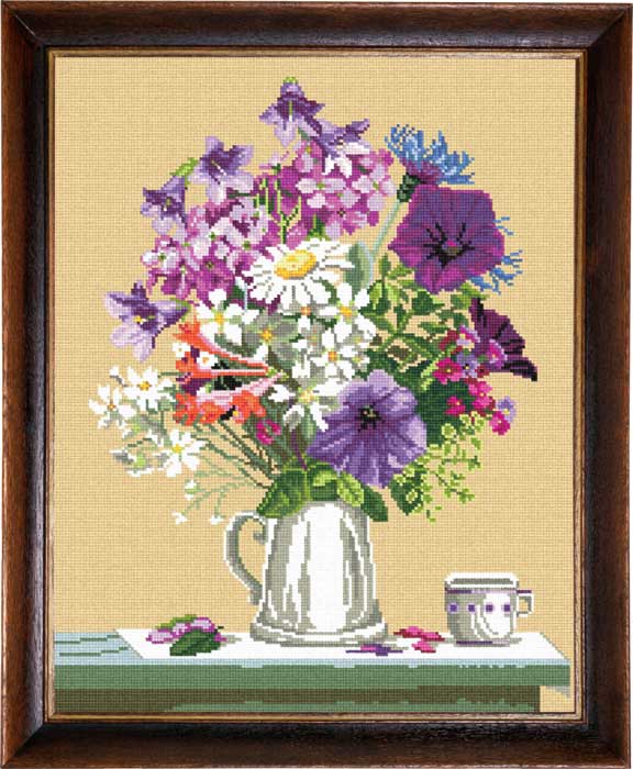 DIY Cross Stitch Kit "Bouquet with petunia" with Printed Tapestry Canvas, 15.7"x19.7" / 40х50 cm