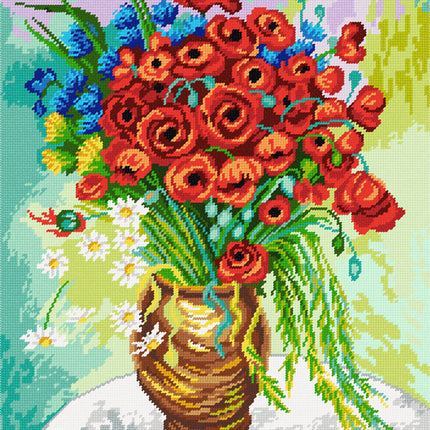 DIY Cross Stitch Kit "Red poppies and daisies, V. van Gogh" with Printed Tapestry Canvas, 15.7"x19.7" / 40х50 cm