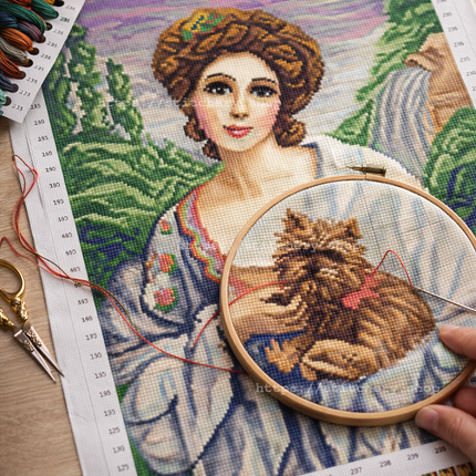 DIY Cross Stitch Kit with Printed canvas "Lady with a dog, F. Marten-Kavel"