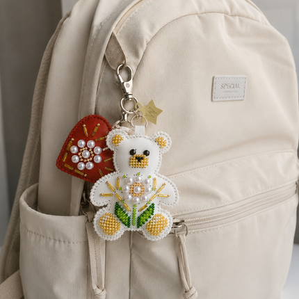 Bead Embroidery Charm Kit on Faux Leather – «Bag Charm White Teddy Bear»