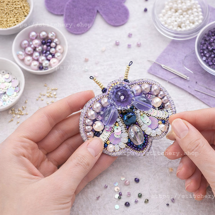 Beadwork kit for creating broоch "Purple Bug"