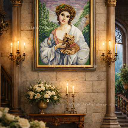 DIY Cross Stitch Kit with Printed canvas "Lady with a dog, F. Marten-Kavel"