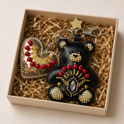 Bead Embroidery Charm Kit on Faux Leather – «Bag Charm Black Teddy Bear»