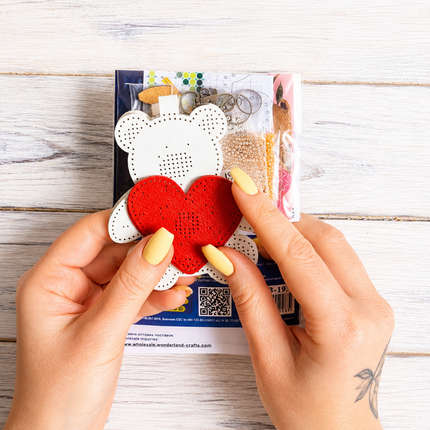 Bead Embroidery Charm Kit on Faux Leather – «Bag Charm White Teddy Bear»