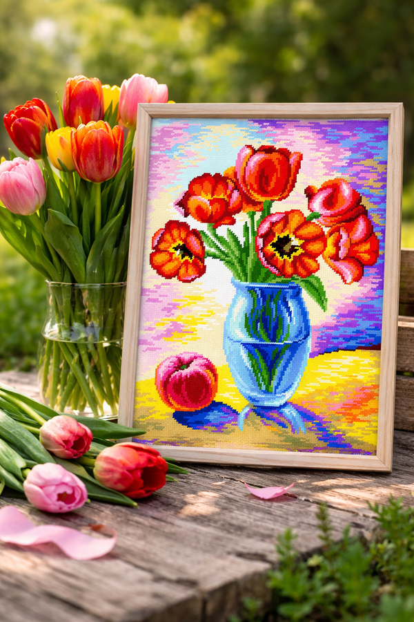 DIY Printed Tapestry Kit “ A vase with tulips” Needlepoint Kit