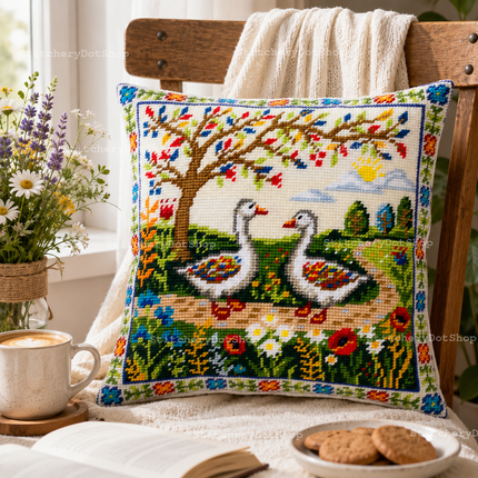 Needlepoint Pillow Kit "Geese Among the Flowers"