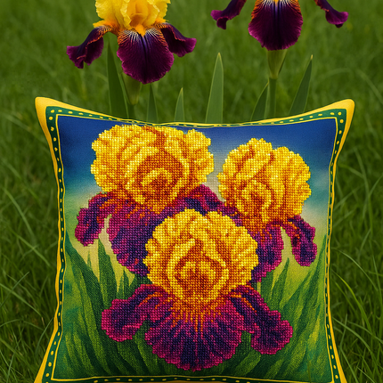DIY Bead embroidery cushion cover kit "Yellow-purple irises"