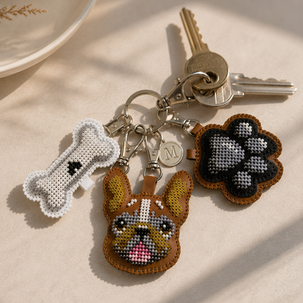 Bead Embroidery Charm Kit on Faux Leather – «Bag Charm Brown Bulldog»
