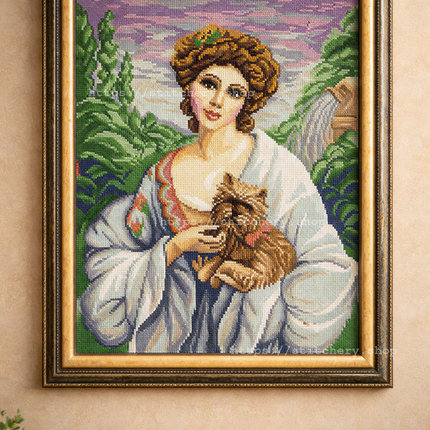 DIY Cross Stitch Kit with Printed canvas "Lady with a dog, F. Marten-Kavel"